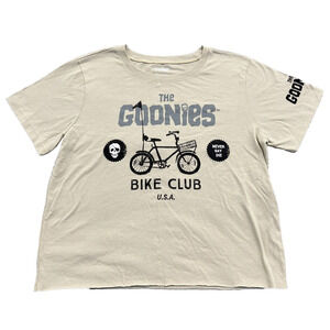 The Goonies Womens XL Beige Crop T-Shirt Bike Club Short Sleeve NWOT Graphic Tee